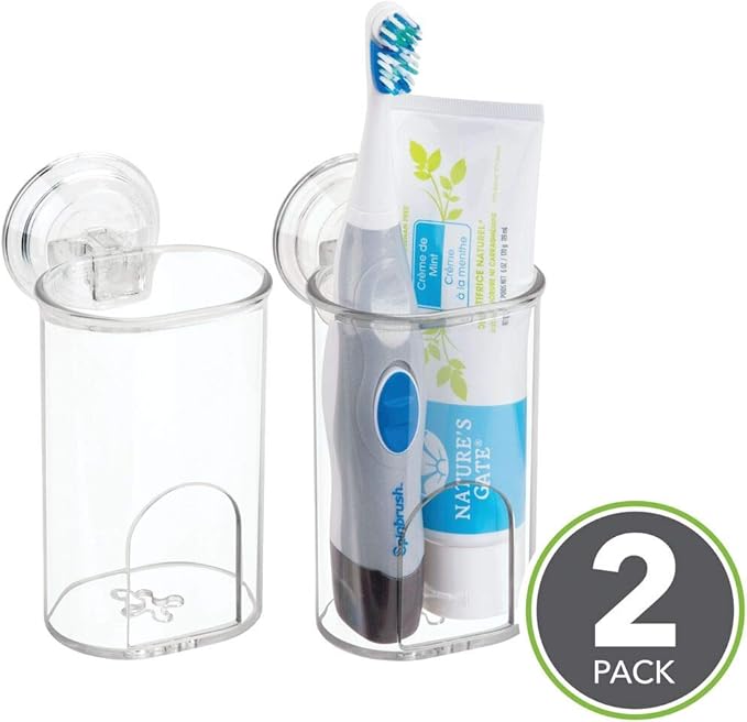 mDesign Compact Plastic Suction Storage Center for Bathroom Organization of Toothbrushes, Electric Toothbrushes, Razors - 2 Pack - Clear
