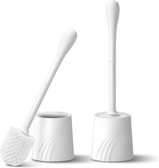 2 Pack Toilet Brush and Holder Set, Toilet Bowl Brush with Non-Slip Handle for Deep Cleaning, Nylon Bristles, Bathroom Accessories White