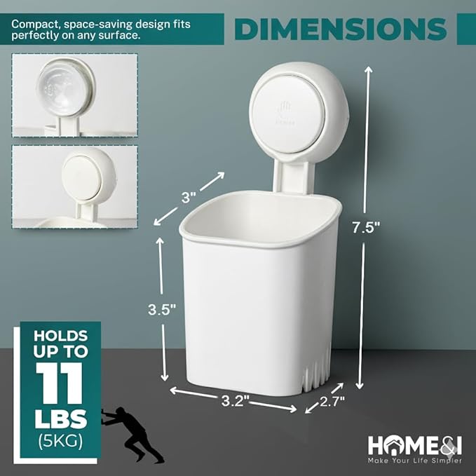 HOME&I Suction Cup Toothbrush Holder and Shower Caddy – Drill-Free, Removable, Powerful Suction Cup, Self-Draining Design for Bathroom & Kitchen – Holds Toothpaste, Razors, and Tableware