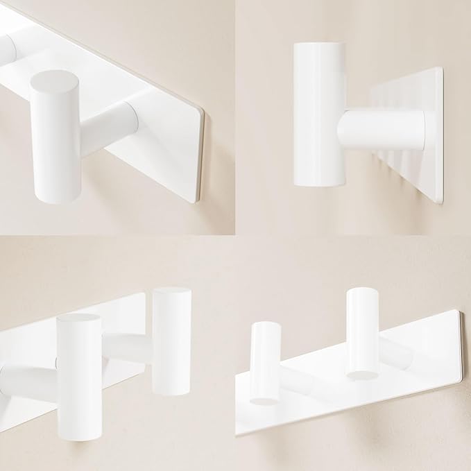 GWAAZXGZ White Wall Mounted Coat Rack – 5 T-Shaped Pegs for Hats, Bags & Towels, Heavy-Duty Metal Rail for Entryway, Bathroom, Closet, Bedroom (2 Pack)