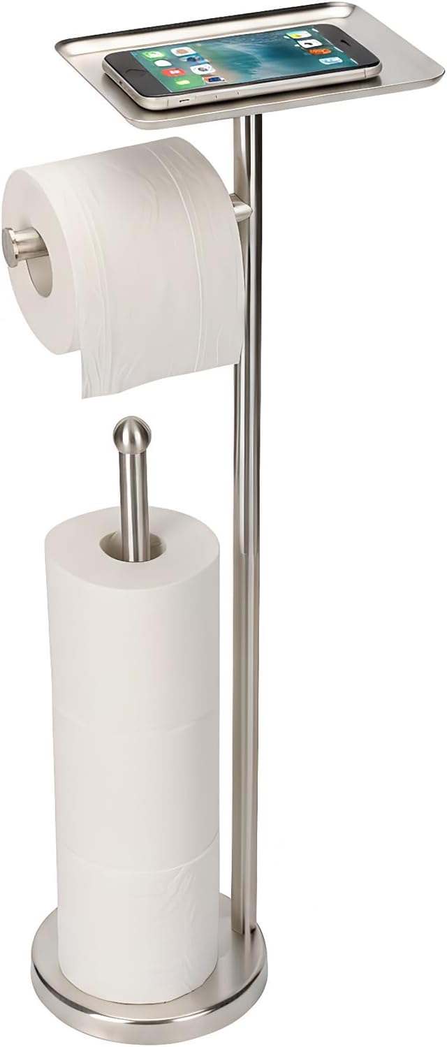 Toilet Paper Holder with Shelf, Freestanding Tissue Paper Stand with Storage Space for Extra 4 Toilet Paper Rolls (Stainless Steel Base, Brushed Nickel)