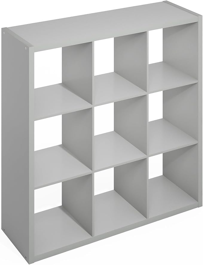 Furinno Simple Cube Storage Organizer, 9-Cube Display Shelf, Open Back Shelving Unit, Storage Shelves, Extra Thick Frame, for Organization and Storage, Living Room, Home Office, Light Grey
