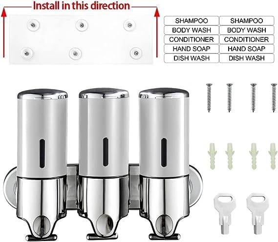 3 in 1 Chamber Wall Mounted Bathroom Shower Pump Dispenser and Organizer-Holds Shampoo, Soap, Conditioner, Shower Gel, for Bathroom Kitchen Hotel (Silver)