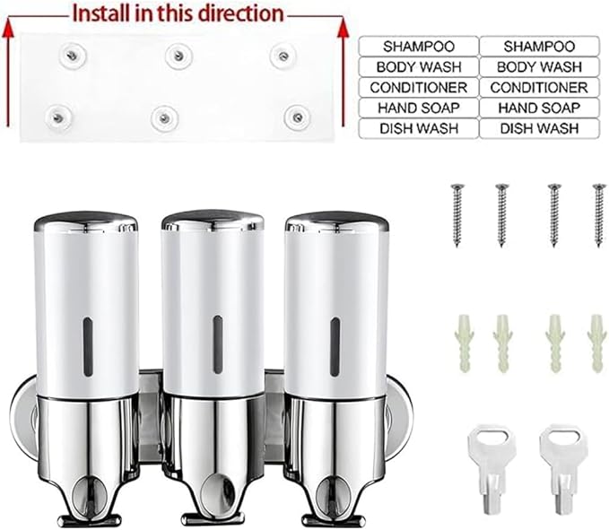 3 in 1 Chamber Wall Mounted Bathroom Shower Pump Dispenser and Organizer-Holds Shampoo, Soap, Conditioner, Shower Gel, for Bathroom Kitchen Hotel (White)
