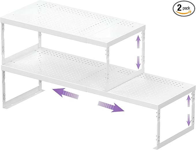 Stackable Expandable Metal Shelf Organizer, Adjustable Storage Rack, Heavy Duty Space Saver for Kitchen, Pantry, Bathroom, Countertop & Office(2Pack/Large/White)