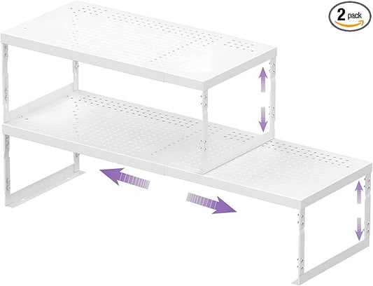 Stackable Expandable Metal Shelf Organizer, Adjustable Storage Rack, Heavy Duty Space Saver for Kitchen, Pantry, Bathroom, Countertop & Office(2Pack/Large/White)