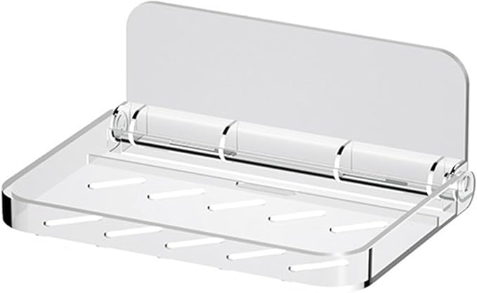 Foldable Wall Mounted Adhesive Shelf, No Drilling Plastic Storage Rack with Cord Hole,Drain Holes,Stick on Shelf for Bathroom, Kitchen, Bedroom and Living Room (Clear,Small)