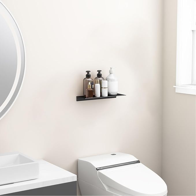 Danpoo 12 inch Metal Wall Shelf, Black Floating Shelf, Small Bathroom Shelf, Display Shelves for Wall Storage