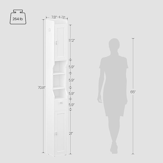 HEXCELEN Bathroom Storage Cabinet, Narrow Tall Bathroom Cabinet, Freestanding Floor Cabinets with 2 Doors and 1 Drawer, Toilets Organizer with Adjustable Shelf, 1 Hook for Small Spaces, White