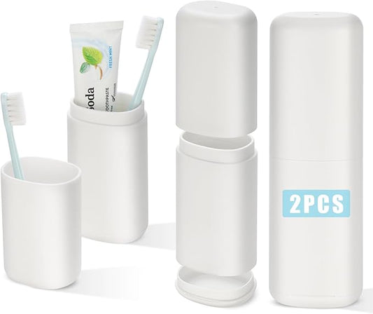 Travel Toothbrush and Toothpaste Case,Portable White Tooth Brush Holder,Large Toothbrush Container with Mouthwash Cup,2 in 1 Toothbrush Organizer for Traveling,Camping,School,Home -2PCS