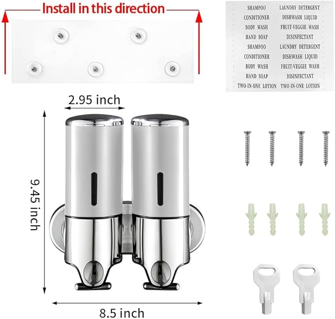 2 Chamber Wall Mounted Bathroom Shower Pump Dispenser and Organizer-Holds Shampoo, Soap, Conditioner, Shower Gel, for Bathroom Kitchen Hotel (Silver 2 Chamber)