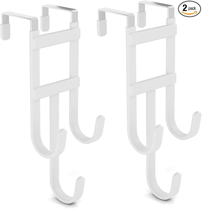 Over The Door Hooks - 2 Pack Heavy Duty Triple-Hook Organizer Hanger with Rubber for Towels, Clothes, Hats & Bags Use in Bathroom, Bedroom, Kitchen - Fits Interior Doors (White, Shape A)