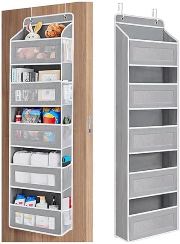 SakerPlus Over The Door Organizer, 5-Tier Hanging Storage with 5 Front Pockets & 5 Side Mesh Pockets, Holds Up to 44 lb, No-Drill Door Shelf for Bathroom, Closet, Pantry, Bedroom (Grey)