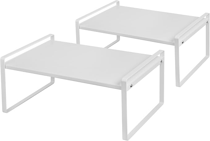 Nxconsu 2 Pack Cabinet Shelf Organizer 16.1"x12"x7.3" White, Stackable Kitchen Counter Shelf Riser, Heavy Duty 3mm Steel Storage Rack for Pantry Cupboard Bathroom Under Sink, 50lbs Capacity, Non-Slip