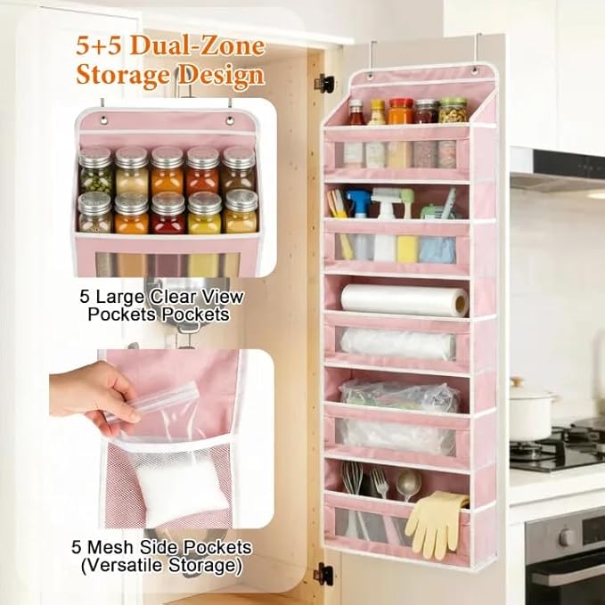 SWIND Over the Door Organizer 5-Tier, Heavy Duty Behind Door Storage, Anti-Tilt Capacity, Door Hanging Organizer with Clear Window for Closet, Bathroom, Nursery, Bedroom, Pantry, Shoe Diaper (Pink)