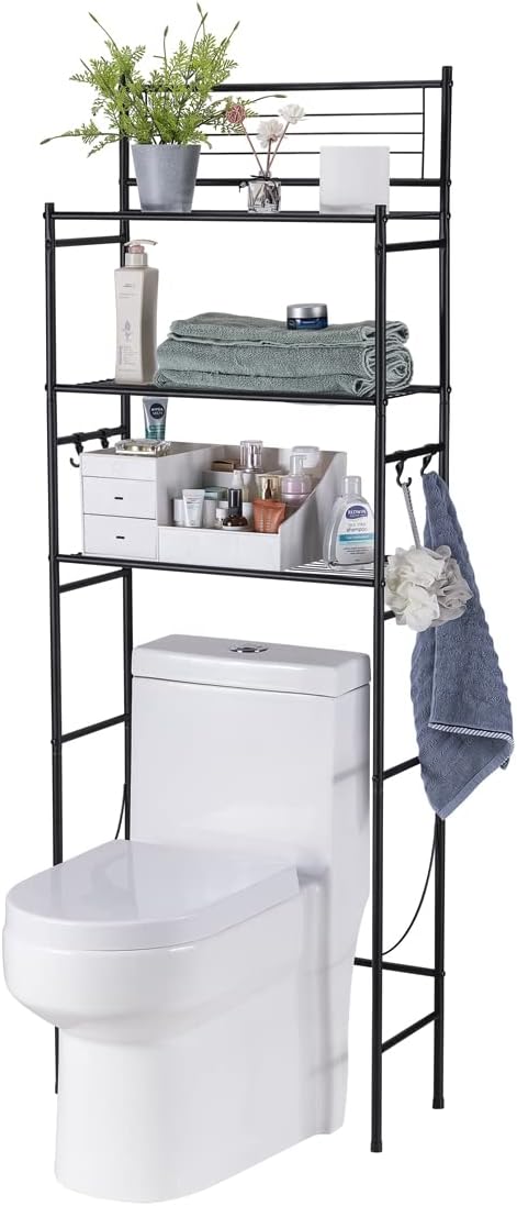 3-Shelf Over The Toilet Storage Bathroom Rack Space Saver Organizer Free Standing Metal Shelves with 4 Hooks, Black