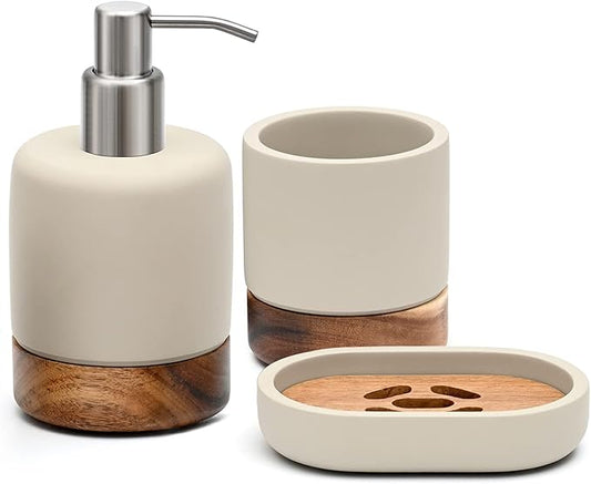 Bathroom Accessories Set 3 Piece Bath Ensemble Includes Soap Dispenser, Tumbler, Dish for Decorative Countertop & Housewarming Gift (Concrete with Acacia Wood)