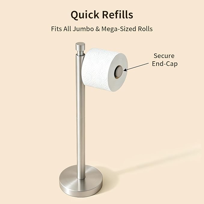 YUMORE Toilet Paper Holder Stand, 4.4lbs Heavy Duty Stainless Steel Free Standing Bathroom Tissue Roll Holder, Brushed Nickel