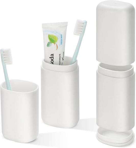 Travel Toothbrush and Toothpaste Case,Portable Tooth Brush Holder,Large White Toothbrush Container with Mouthwash Cup,2 in 1 Toothbrush Organizer for Traveling,Camping,School,Home