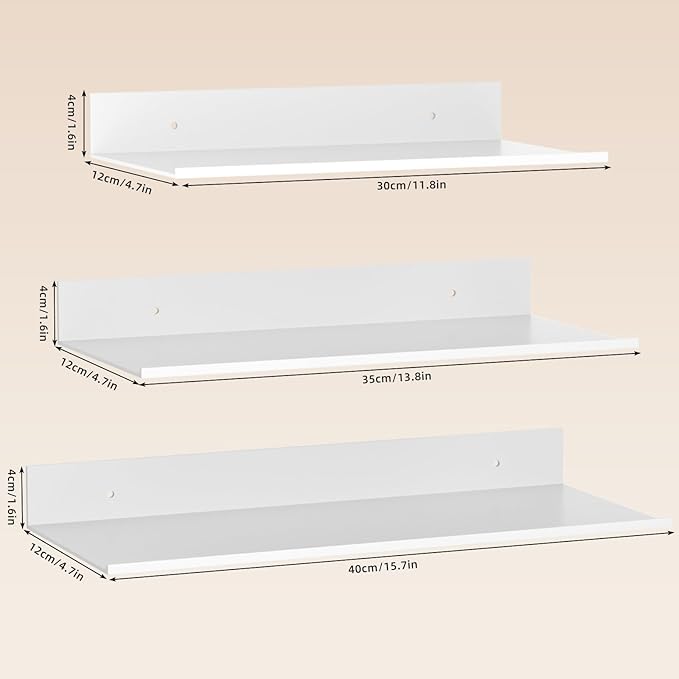 Wisfame White Floating Wall Shelves for Bedroom, Modern Bathroom Shelves Wall Mounted No Drilling Set of 3, Metal Small Decor Floating Shelf for Living Room Office