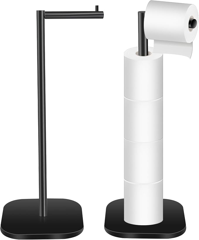 Toilet Paper Holder Stand Freestanding - Matte Black Stainless Steel Bathroom Storage Organizer - Non-Slip Rust Proof Tissue Roll Dispenser for Bathroom