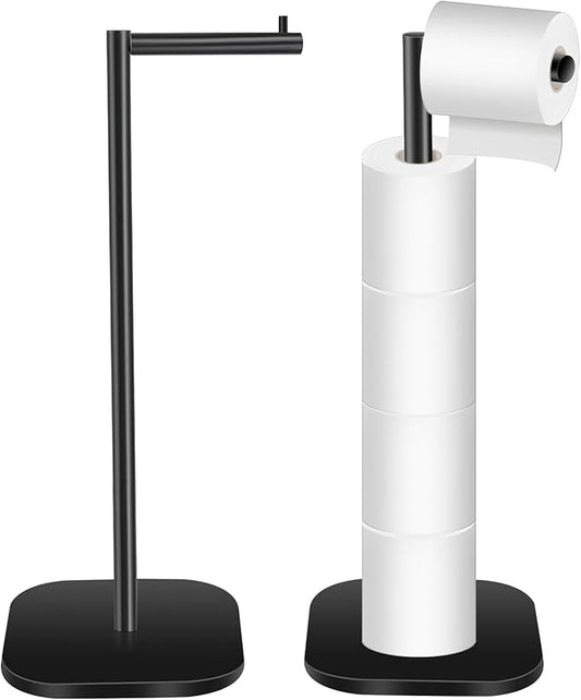 Toilet Paper Holder Stand Freestanding - Matte Black Stainless Steel Bathroom Storage Organizer - Non-Slip Rust Proof Tissue Roll Dispenser for Bathroom