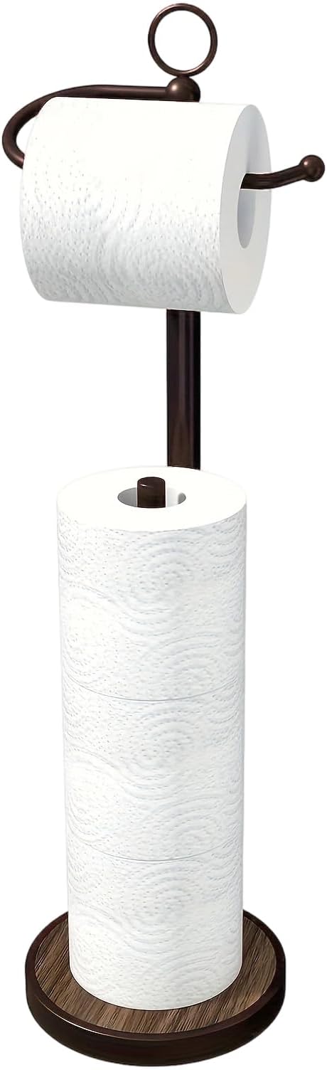 Toilet Paper Holder Free Standing with Storage 4 Rolls Stainless Steel Toilet Paper Holder Stand with Weighted Wood Grain Base Space-Saving Tissue Roll Holders for Bathroom Black & Bronze (Bronze)