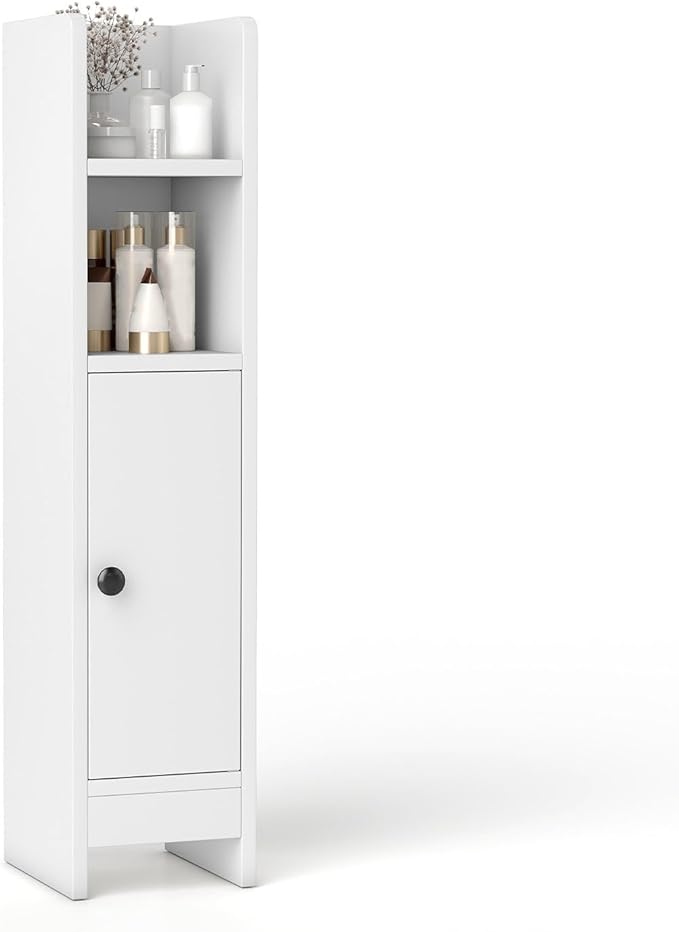 LOKO Narrow Bathroom Storage Cabinet, Modern Small Corner Floor Cabinet with 3-Level Adjustable Shelf, Slim Toilet Paper Holder Stand for Small Spaces, Laundry Room, Kitchen (White)
