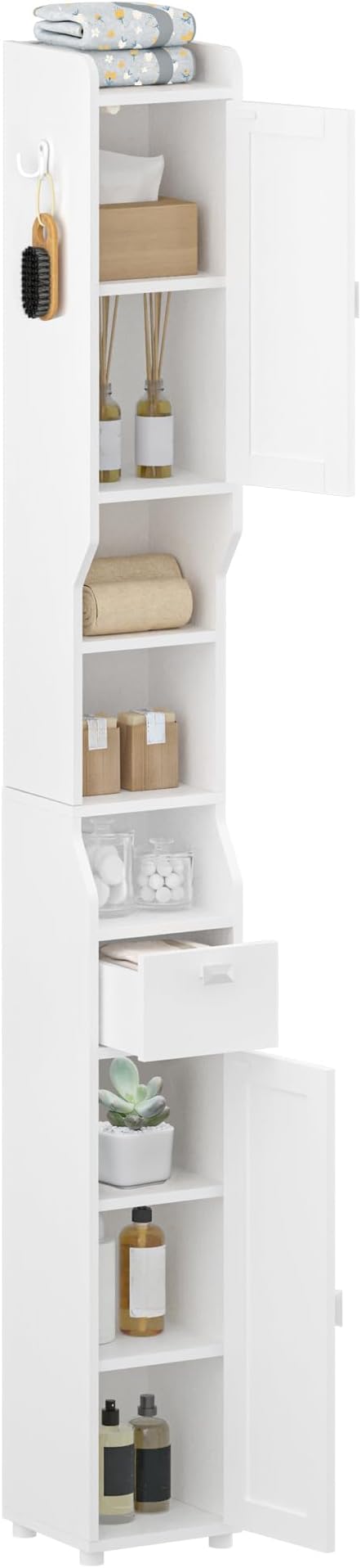 HEXCELEN Bathroom Storage Cabinet, Narrow Tall Bathroom Cabinet, Freestanding Floor Cabinets with 2 Doors and 1 Drawer, Toilets Organizer with Adjustable Shelf, 1 Hook for Small Spaces, White