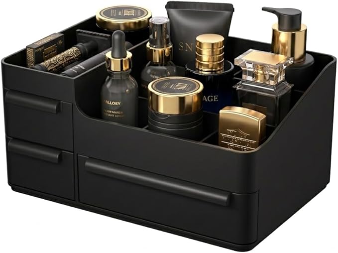 Mens Cologne Organizer with 3 Drawers & 7 Top Compartments: Men's Vanity Organizer, Perfume Stand & Cologne Shelf - Bathroom Countertop Storage for Shaving Kit, Skincare, Gifts for Men