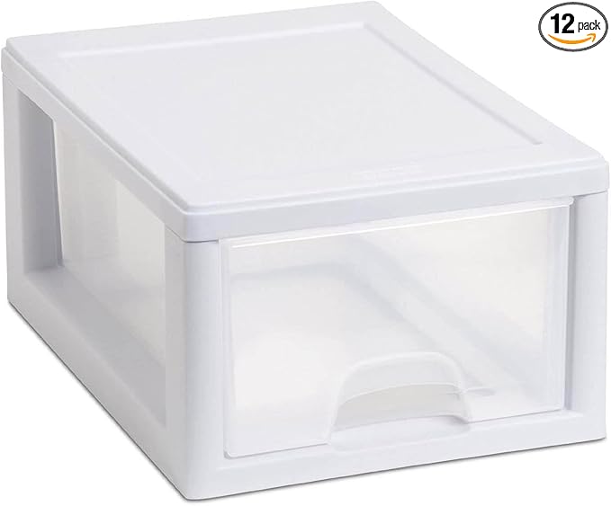 Sterilite 12-Pack 6 Quart Stacking Drawer, Clear Storage Closet Organizer, White Frame - Stackable Modular Plastic Drawers for Clothes, Accessories, Craft Supplies, Shoes or Linens