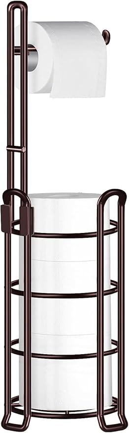 TomCare Toilet Paper Holder Toilet Paper Stand and Dispenser for 4 Mega Rolls Metal Wire Free-Standing Toilet Tissue Paper Roll Storage Shelf Bathroom Accessories Storage Organizer Bronze