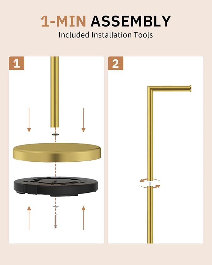 BWE Bathroom Toilet Paper Holder Stand Brushed Gold SUS304 Stainless Steel RV Modern Freestanding Toilet Paper Roll Holder for Bathroom and Washroom with Heavy Weighted Base