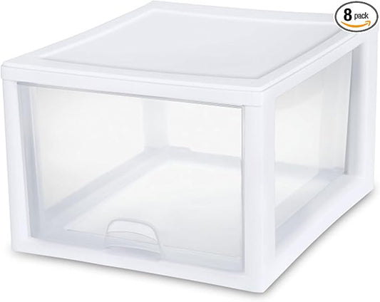 Sterilite 8-Pack 27 Quart Stacking Drawer, Clear Storage Closet Organizer, White Frame - Stackable Modular Plastic Drawers for Clothes, Accessories, Craft Supplies, Shoes or Linens