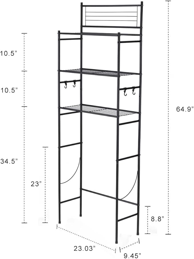 3-Shelf Over The Toilet Storage Bathroom Rack Space Saver Organizer Free Standing Metal Shelves with 4 Hooks, Black