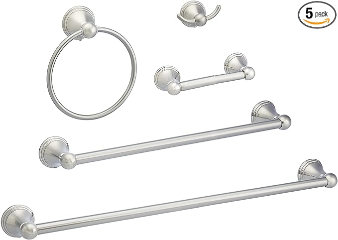 Amazon Basics 5 Piece Bathroom Hardware Set, Satin Nickel, Towel Bar, Toilet Paper Holder, Towel Ring, Robe Hook, AB-BR817-SN