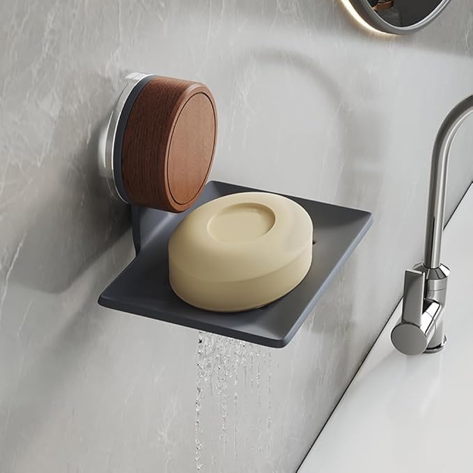 Soap Dish, Walnut and Stainless Steel, Soap Bar Holder for Shower Suction Cup Wall Mounted, No-Drilling Waterproof Sponge Holder (Black)