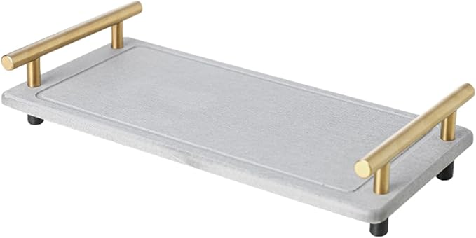 Instant Dry Sink Caddy Organizer,Diatomaceous Earth Bathroom Organizer with Handle Water Absorbing Stone Tray for Sink diatomaceous Tray for Home Bathroom Kitchen (L Gray Gold Handle)