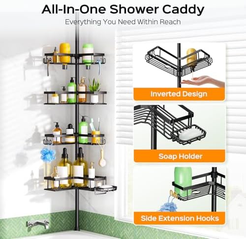 HAMITOR Shower Caddy Tension Pole: 4-Tier Corner Bathroom Organizer Shelf with Soap Holder & Hooks - No-Drill Adjustable Standing Storage Rack for Apartment Renters - 47-123 Inch Black