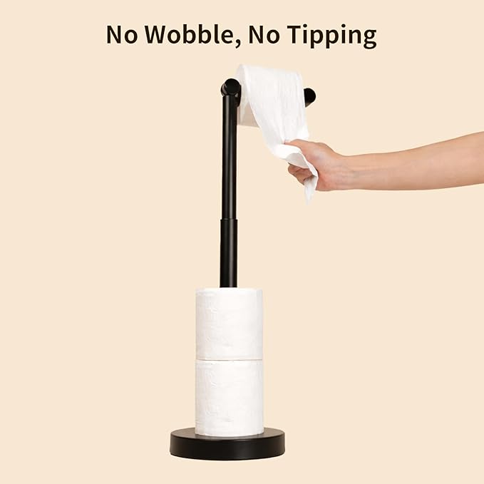 YUMORE Toilet Paper Holder Stand, 25" 4.5lbs Heavy Duty Freestanding Roll Dispenser with Storage, Open-Ring Stainless Steel Bathroom Tissue Organizer (Black)