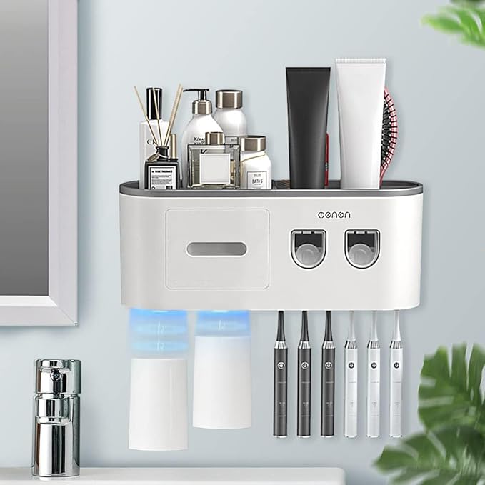Toothbrush Holders for Bathrooms Wall Mounted, 6 Slot Toothbrush Holder with 2 Automatic Toothpaste Dispensers, 2 Magnetic Cups, Large Capacity Bathroom Organizer, Wall Storage with Drawer