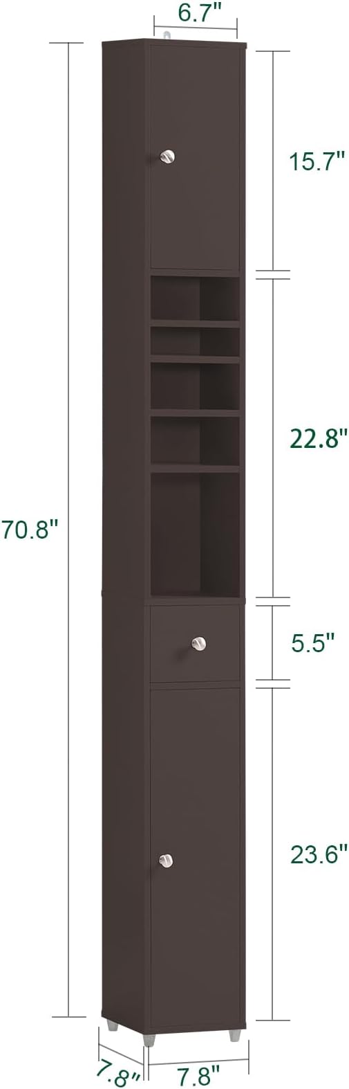 Haotian Bathroom Narrow Storage Cabinet, Skinny Tall Unit with Adjustable Shelves Slender Anti-Tipping Floor Standing Cupboard, Brown BZR34-BR
