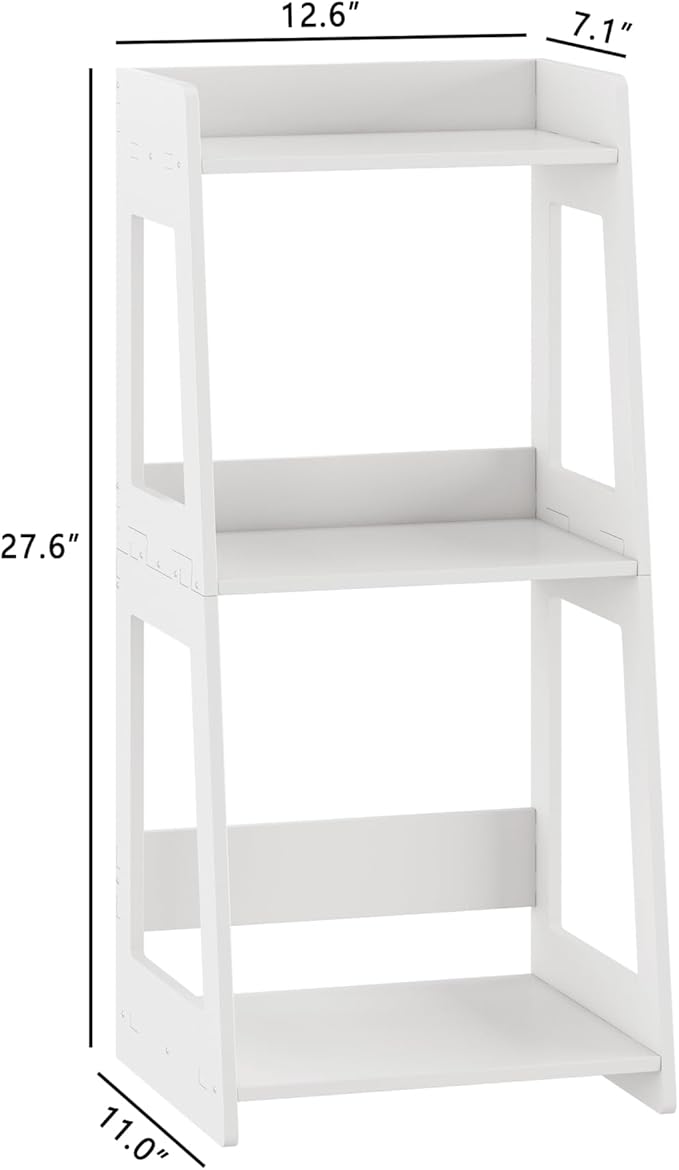 3-Tier Bathroom Ladder Shelf Freestanding, White Floor Shelves Open Shelving Unit, Small Bookshelf Nightstand for Home Study Laundry Room (11.0”D x 12.6”W x 26”H)