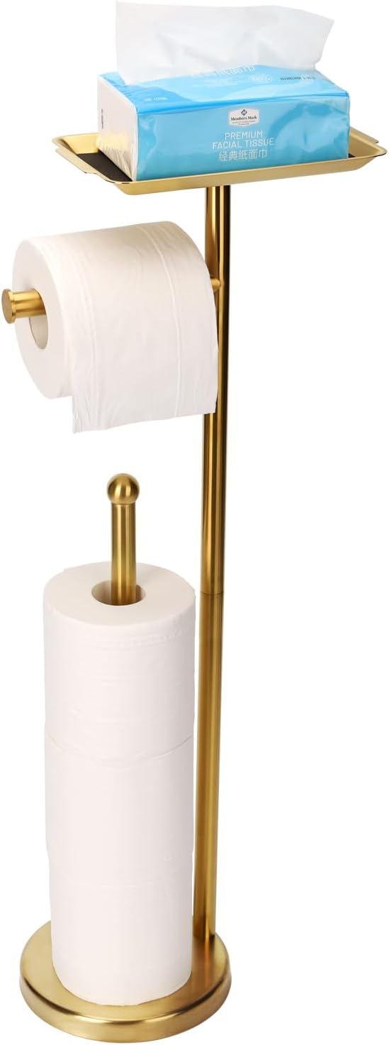 Exilon Toilet Paper Holder Stand for Bathroom Floor Freestanding Toilet Roll Dispenser Storages 4 Reserve Rolls, with Top Storage Shelf for Cell Phone (Brushed Gold)