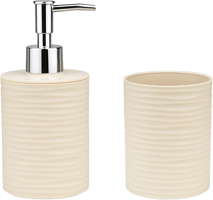 Bathroom Accessories Set, 2-Piece Beige Soap Dispenser & Toothbrush Holder with Ripple Texture & Rust-Proof Pump, Modern Matte Organization