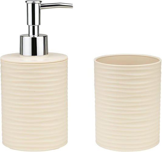 Bathroom Accessories Set, 2-Piece Beige Soap Dispenser & Toothbrush Holder with Ripple Texture & Rust-Proof Pump, Modern Matte Organization