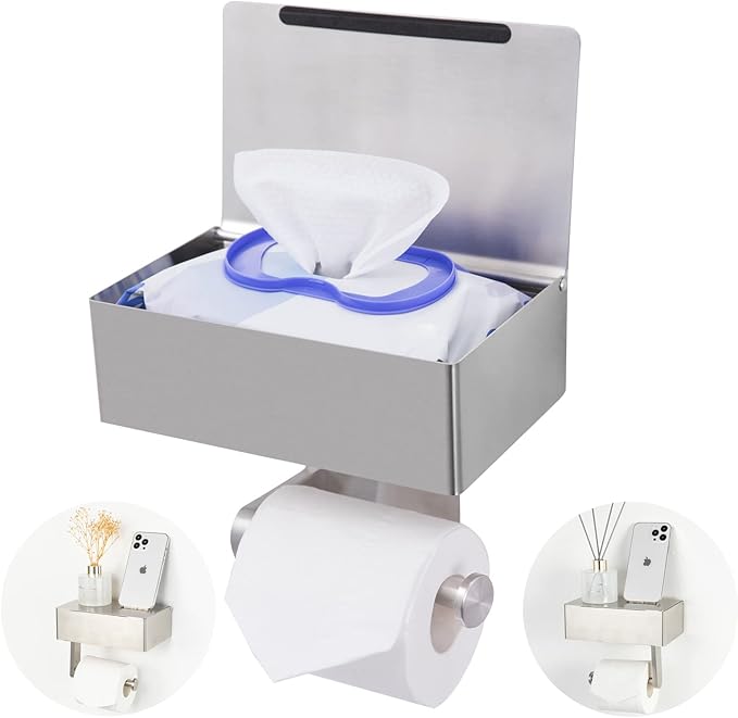 Adhesive Toilet Paper Holder with Shelf and Storage, Wall Mount Toilet Paper Roll Holder & Flushable Wipes Dispenser Set Fits Any Bathroom, Stainless Steel Tissue Holder-Round, Brushed Nickel