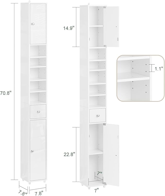 Haotian Bathroom Skinny Tall Storage Cabinet, Slim Stand Narrow Tower Cabinet with Adjustable Shelves for Small Spaces, White BZR167-GW