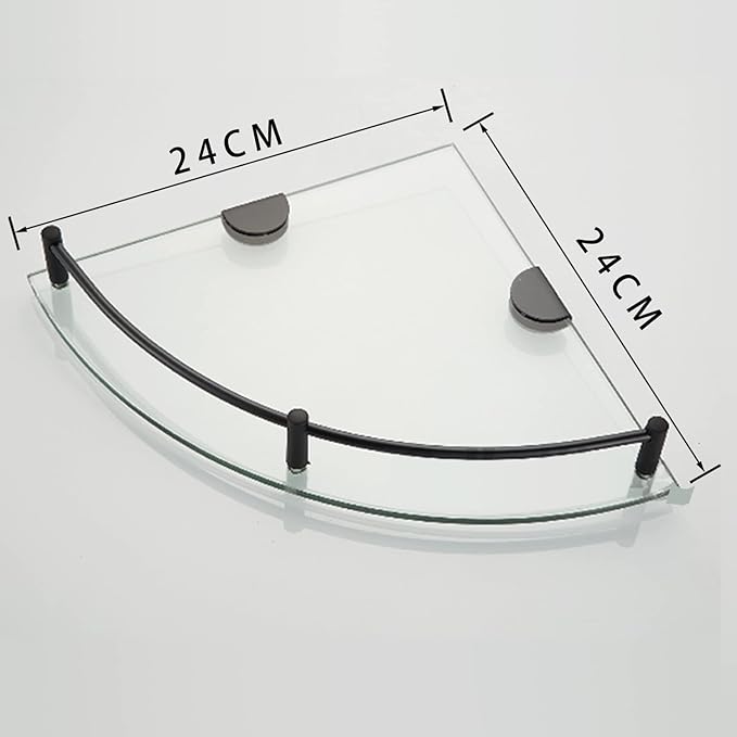 Glass Corner Shower Caddy, Rustproof Corner Shelves Wall Mounted, Clear Bathroom Shower Shelf with 6MM Thick Tempered Glass, Shower Organzier with Black Rail for Bathroom (1 Pcs)
