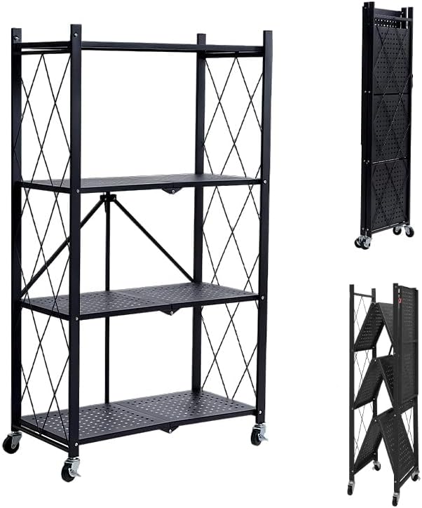 4 Tier Foldable Storage Shelves with Locking Wheels, Assembled Rolling Shelving for Kitchen, Pantry, Closet & Laundry Room, Space-Saving Organizer, 28.5" L x 14.2" W x 46.1" H